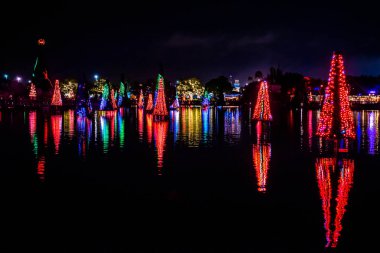 Orlando, Florida. 31 Aralık 2019. 30. Deniz Dünyası 'ndaki Aydınlanmış ve renkli Noel Ağaçları Denizi.
