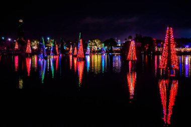 Orlando, Florida. 31 Aralık 2019. Deniz Dünyası 32 'deki Aydınlatılmış ve renkli Noel Ağaçları Denizi
