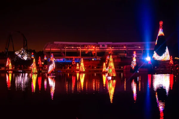 Orlando Florida 2019 December Megvilágított Színes Karácsonyfák Tengere Fénysugarakkal Háttérben — Stock Fotó