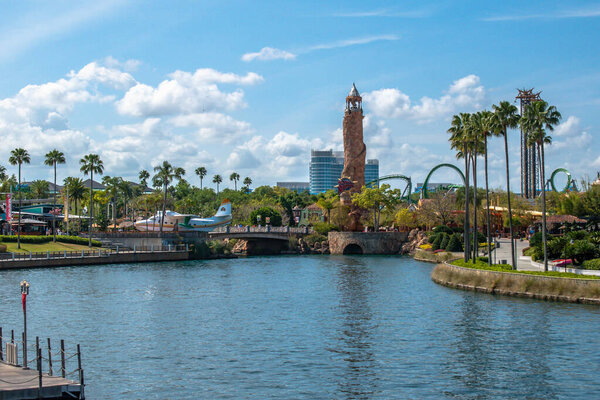  Orlando, Florida. March 15, 2020. Panoramic view of Island of Adventure lighthouse and rollercoaster at Universals Citywalk.