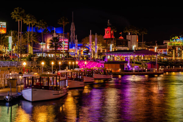 Orlando, Florida. February 29, 2020. Taxi boats and colorful buildings in Universal Citywalk