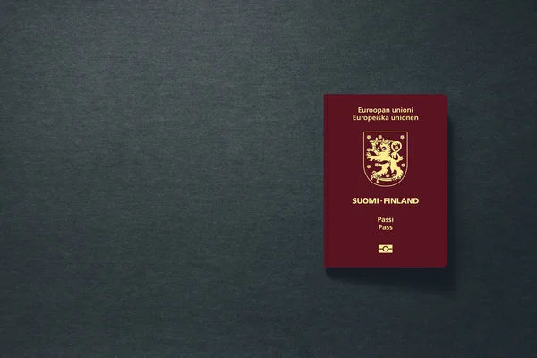 Finsko Cestovní pas na tmavém pozadí s kopírovacím prostorem - 3D ilustrace — Stock fotografie