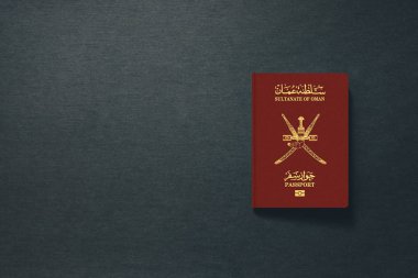 Karanlık arkaplanda Umman Pasaportu - 3d İllüstrasyon