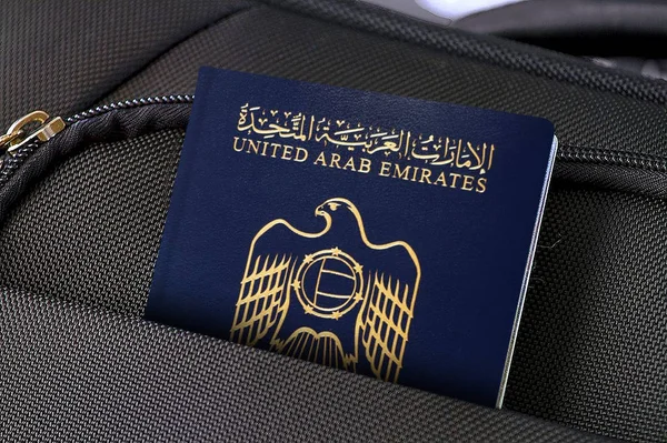 Close up of United Arab Emirates Passport in Black Suitcase Pocket — 스톡 사진