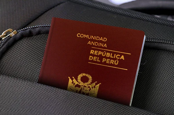 Close up of Peru Passport in Black Suitcase Pocket — Stock Photo, Image