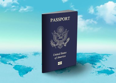 Amerika Birleşik Devletleri Pasaportu dünya haritasında arka planda bulutlarla birlikte