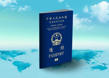 Arka planda bulutlar olan dünya haritasında Hong Kong Pasaportu