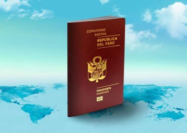 Dünya haritasında arka planda bulutlu Peru Pasaportu