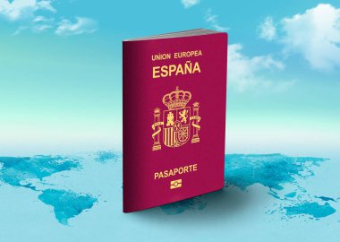 Dünya haritasında arka planda bulutlarla İspanya pasaportu