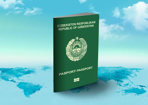 Uzbequistão Passaporte no mapa do mundo com nuvens no fundo — Fotografia de Stock