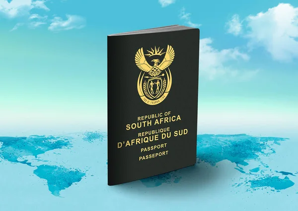 South African Passport on world map with clouds in background — Stock Photo, Image