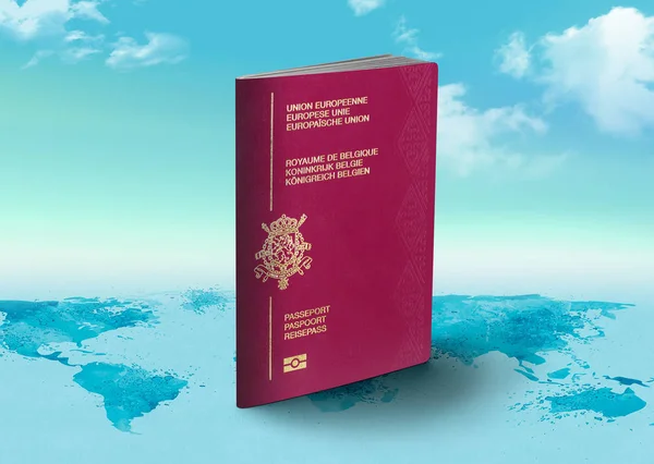 Βέλγιο Διαβατήριο στον παγκόσμιο χάρτη με σύννεφα στο φόντο — Φωτογραφία Αρχείου