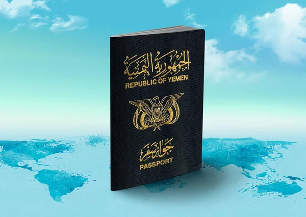 Υεμένης Διαβατήριο στον παγκόσμιο χάρτη με σύννεφα στο φόντο — Φωτογραφία Αρχείου