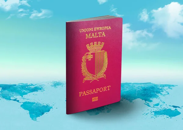 Malta Passaporte no mapa do mundo com nuvens no fundo — Fotografia de Stock