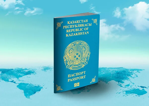 Καζακστάν Διαβατήριο στον παγκόσμιο χάρτη με σύννεφα στο παρασκήνιο — Φωτογραφία Αρχείου