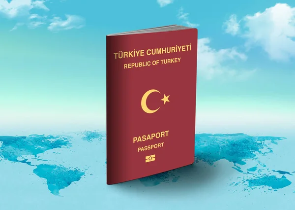 Turquia Passaporte no mapa do mundo com nuvens no fundo — Fotografia de Stock