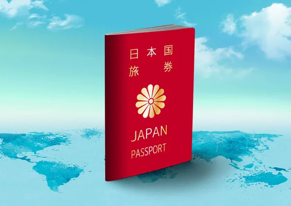 Japan Passport en el mapa del mundo con nubes en el fondo — Foto de Stock