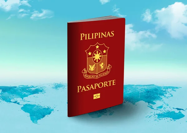 Filipinas Pasaporte en el mapa del mundo con nubes en el fondo —  Fotos de Stock