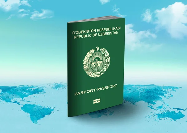 Uzbekistán Pasaporte en el mapa del mundo con nubes en el fondo — Foto de Stock