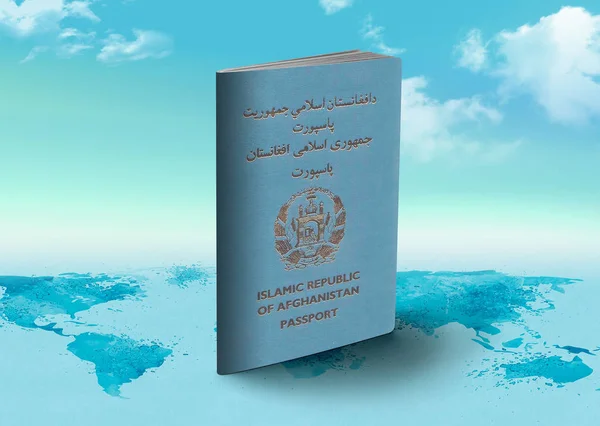 Αφγανιστάν Διαβατήριο στον παγκόσμιο χάρτη με σύννεφα στο παρασκήνιο — Φωτογραφία Αρχείου