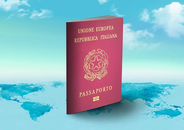Italië Paspoort op wereldkaart met wolken op de achtergrond — Stockfoto