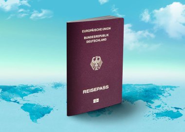 Avusturya pasaportu arka planda bulutlarla dünya haritasında