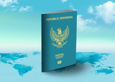 Dünya haritasında arka planda bulutlarla Endonezya Pasaportu