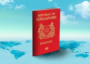 Singapur pasaportu arka planda bulutlarla dünya haritasında