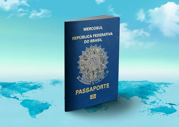 Brasil Passaporte no mapa do mundo com nuvens no fundo — Fotografia de Stock