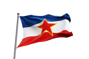 Beyaz arka planda dalgalanan Yugoslavya bayrağı, yakın plan, izole