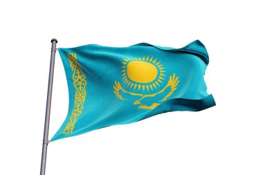 Beyaz arka planda dalgalanan Kazakistan bayrağı, kapalı, izole 