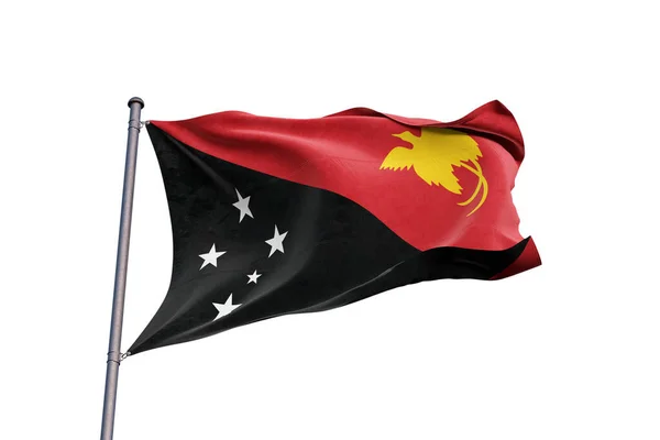 Papua Nya Guinea Flagga Viftar Vit Bakgrund Närbild Isolerad — Stockfoto