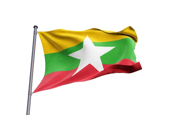 Myanmarská Vlajka Vlnící Bílém Pozadí Zblízka Izolované — Stock fotografie