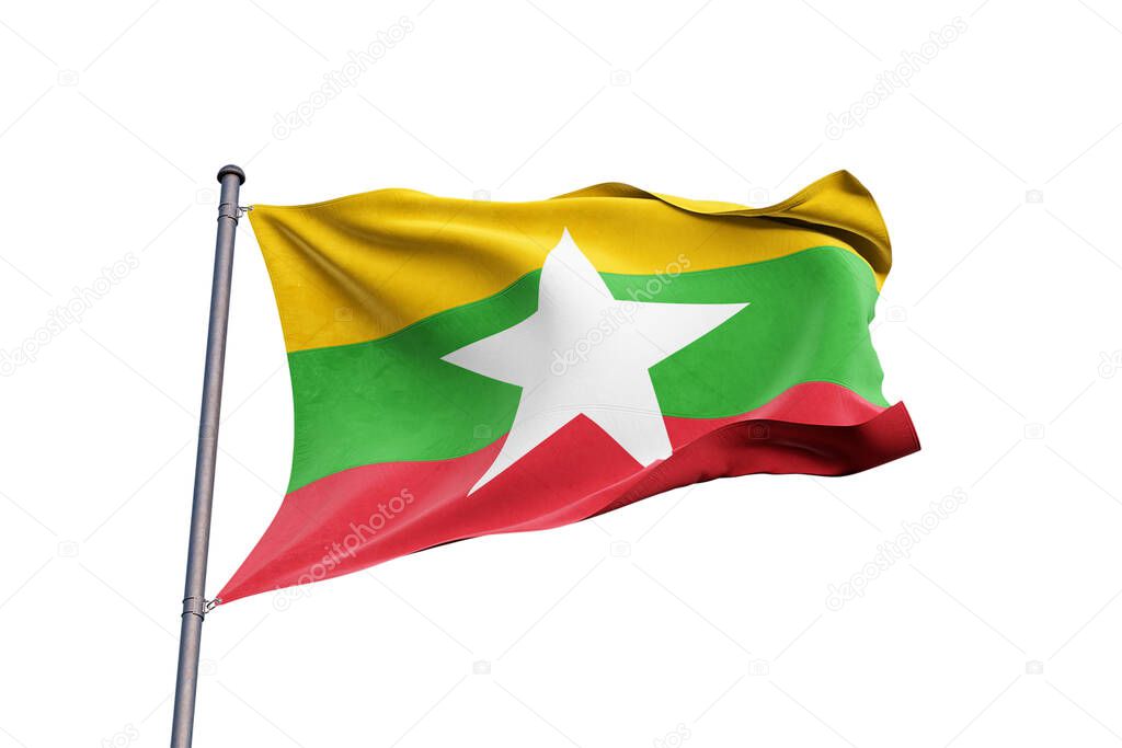 Myanmar flag waving on white background, close up, isolated 