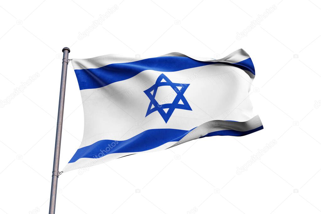 Israel flag waving on white background, close up, isolated 
