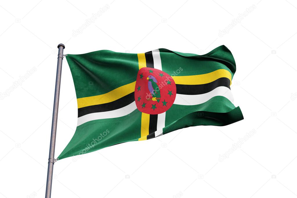 Dominica flag waving on white background, close up, isolated
