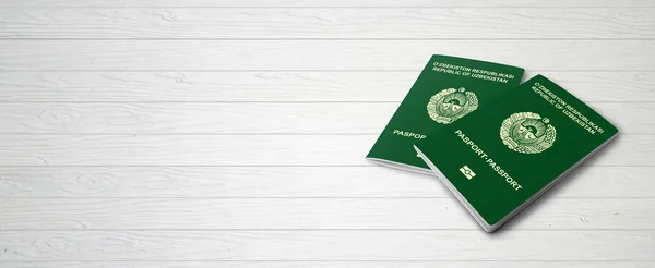 Özbek Pasaportları Ahşap Çizgiler Arkaplan Afişi Ile Kopyalama Alanı Görüntü — Stok fotoğraf