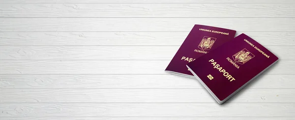 Passaporti Rumeni Linee Legno Sfondo Banner Con Spazio Copia Illustrazione Fotografia Stock