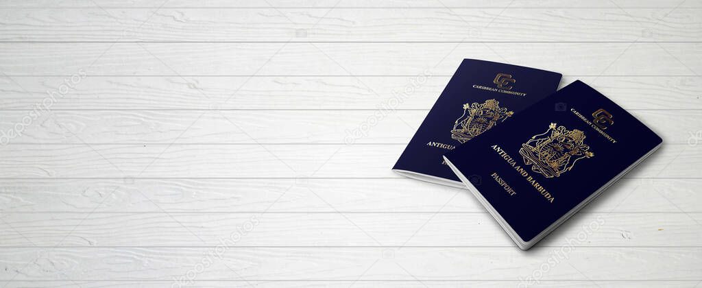Antigua and Barbuda Passports on Wood Lines Background Banner with Copy Space - 3D Illustration