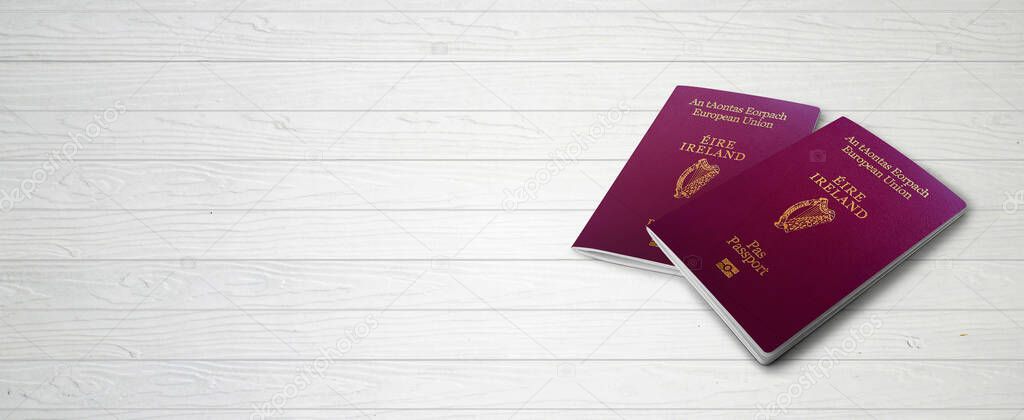 Irish Passports on Wood Lines Background Banner with Copy Space - 3D Illustration