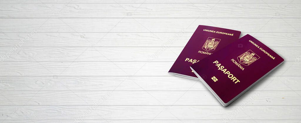 Romanian Passports on Wood Lines Background Banner with Copy Space - 3D Illustration