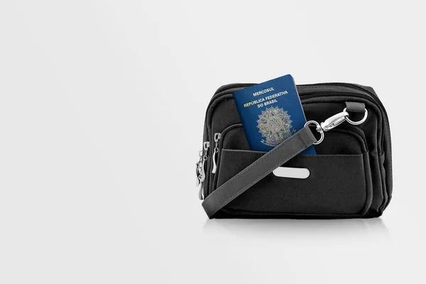 Brazil Passport Black Travel Bag Pocket Copy Space Isolated Background — стокове фото