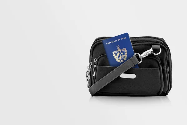 Cuba Passport Black Travel Bag Pocket Copy Space Isolated Background — стокове фото