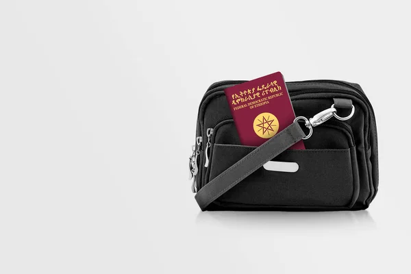 Ефіопія Passport Black Travel Bag Pocket Copy Space Isolated Background — стокове фото