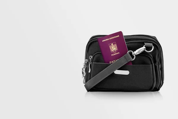 Romania Passport Black Travel Bag Pocket Copy Space Isolated Background — стокове фото