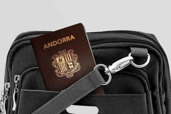 Close up of Andorra Passport in Black Travel Bag Pocket