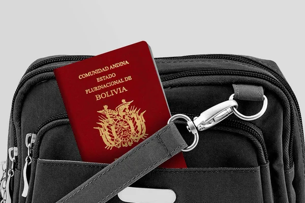 Close Bolivia Passport Black Travel Bag Pocket — Stock Photo, Image