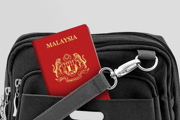 Close Malaysia Passport Black Travel Bag Pocket — Stock Photo, Image