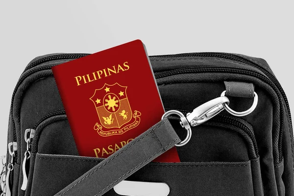 Close up of Philippines Passport in Black Travel Bag Pocket