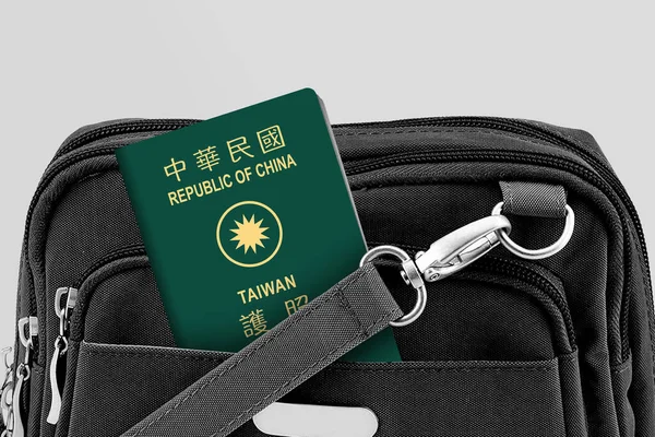 Close up of Taiwan Passport in Black Travel Bag Pocket